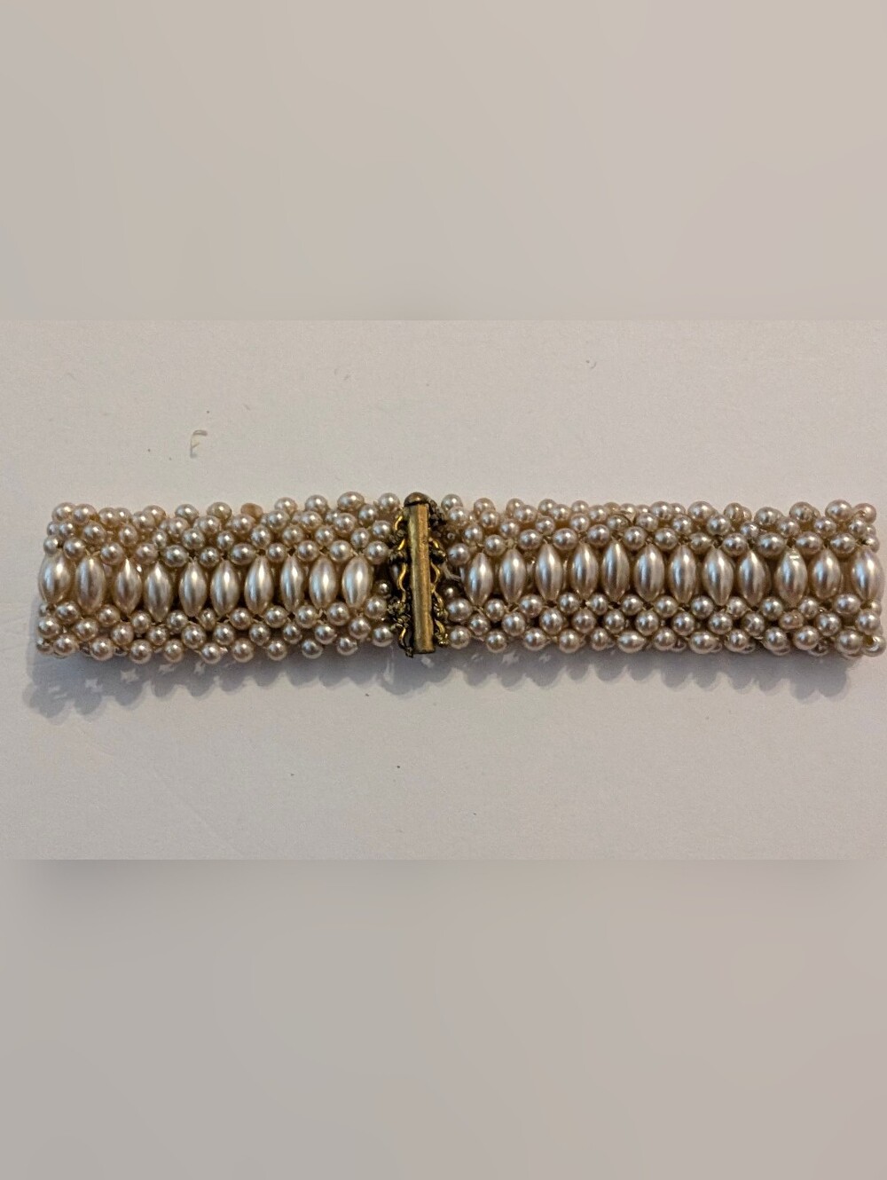 Vintage 1950s Faux Pearl Woven Wide Cuff Bracelet with Slide Barrel Clasp